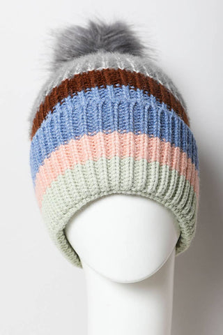 Multi Pastel Stripe Knit Pom Beanie Cathys Place