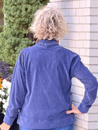 Women's Satin Drawstring Cowl Neck Velveteen Top NAVY Cathys Place