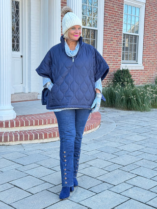 Quilted Short Sleeves Puffer Pullover Poncho Navy Cathys Place