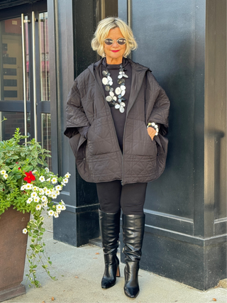 Oversize Quilted Puffer Hood Cape Poncho BLACK