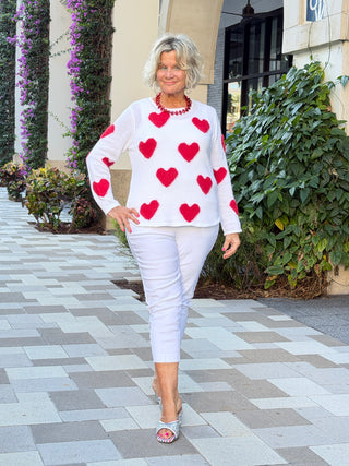 LULU B WHITE FUZZY HEART SWEATER