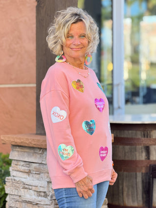 Valentines Slogan Sequin Heart Patched Sweatshirt Cathys Place