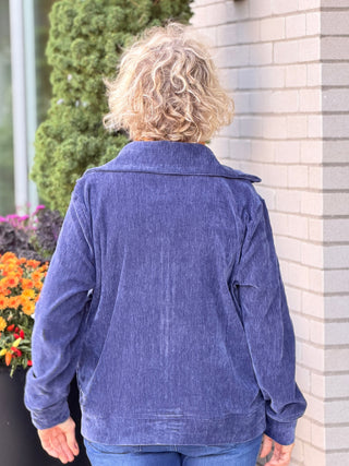 Women's Portrait Collar Velveteen Zip Front Jacket NAVY Cathys Place