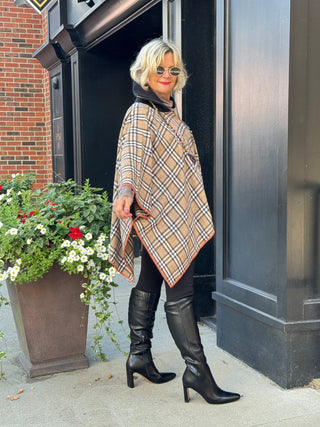 Flannel Plaid Zip Front Poncho BEIGE AND BLACK