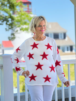 LULU B DOCKSIDE WHITE RED STAR FUZZY SWEATER LULU-B