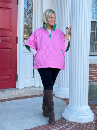 Quilted Short Sleeves Puffer Pullover Poncho Pink