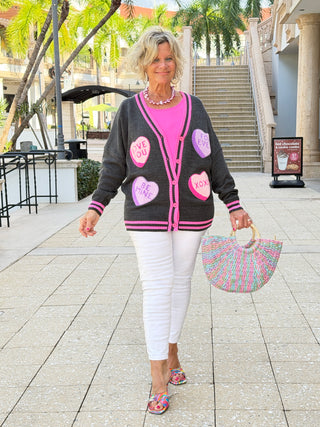 Chenille Patch Candy Hearts Relaxed Cardigan - Cathys Place