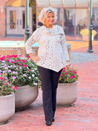 Women's Split Cowl Neck Animal Jacquard Chenille Top IVORY Cathys Place