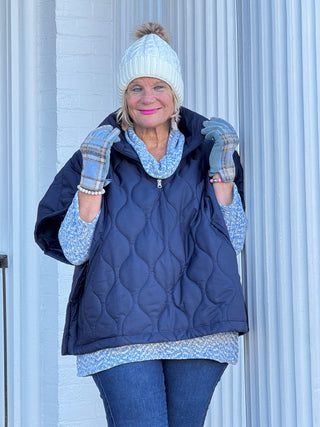 Quilted Short Sleeves Puffer Pullover Poncho Navy Cathys Place