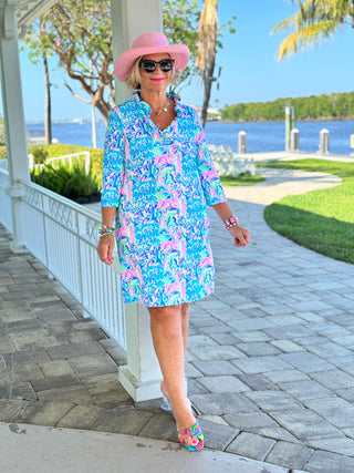 SPLASH OF PINK RUFFLE NECK DRESS