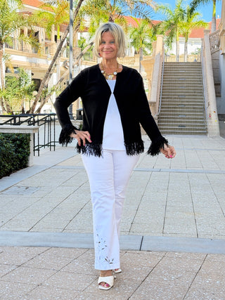 LULU-B  BLACK CASHMERE FRINGE FANCY CARDIGAN LULU-B