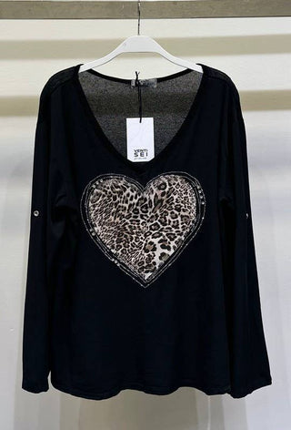 LEOPARD BLACK SEQUIN HEART APPLIQUÉ TOP