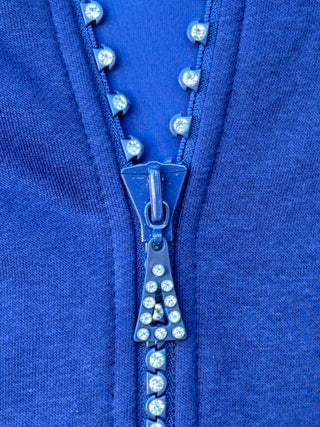 Crystal Zipper Cardigan with Collar Navy