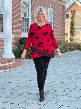 Women's Floral Flocked Texture Lace Trim Top Red Cathys Place