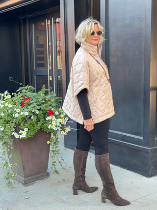 Quilted Short Sleeves Puffer Pullover Poncho BEIGE