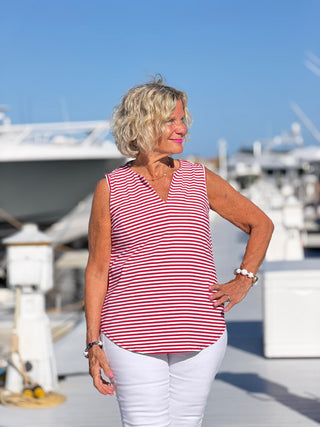 NAUTICAL RED STRIPED NOTCH SLEEVELESS TOP LULU-B