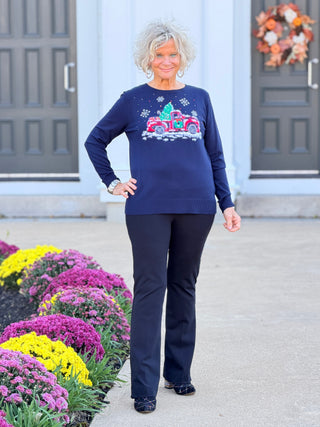 Women's Christmas Truck Print Boat Neck Knit Top Cathys Place