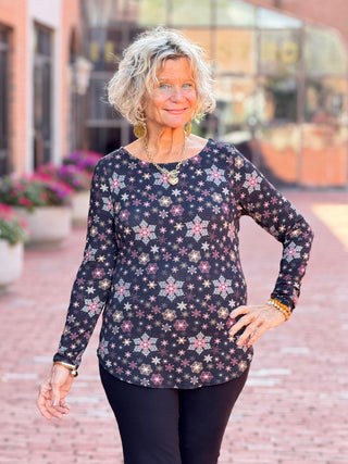 LONG SLEEVE METALLIC TEXTURED KNIT TOP Cathys Place