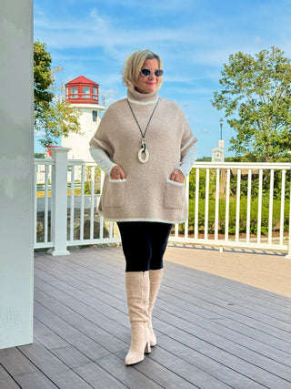 Colored Edge Solid Sleeveless Pocket Sweater Beige