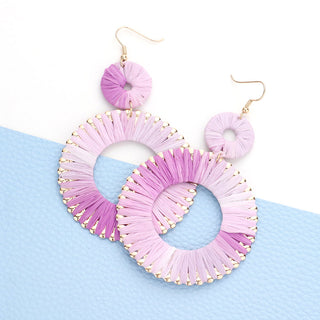 Raffia Wrapped Double Open Circle Link Dangle Earrings