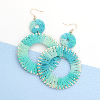 Raffia Wrapped Double Open Circle Link Dangle Earrings