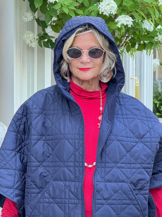 Oversize Quilted Puffer Hood Cape Poncho  NAVY
