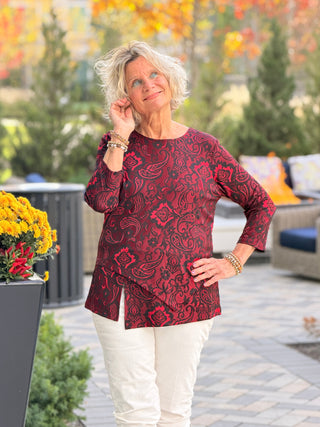 Women's Floral Flocked Texture Lace Trim Top Red Cathys Place
