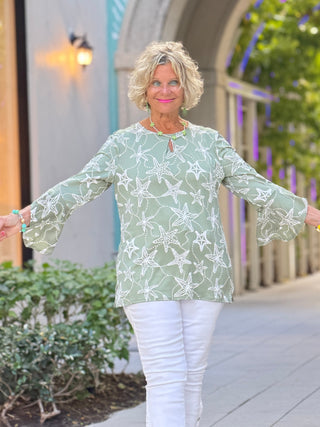 Women's PISTACHIO MULTI Starfish Puff Print Flutter Sleeve Top Cathys Place
