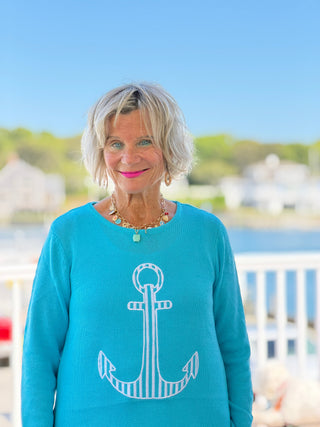 DOCKSIDE NAUTICAL AQUA STRIPE ANCHOR SWEATER Cathys Place