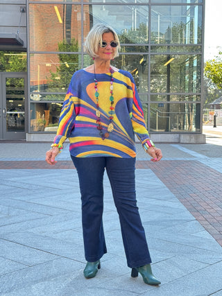 VIWAN Navy Wavy Round Neck Knit Printed Sweater