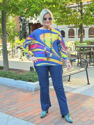 VIWAN Navy Wavy Round Neck Knit Printed Sweater