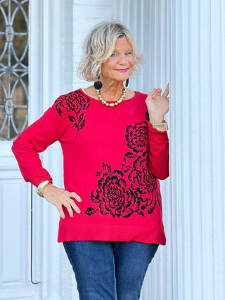 Women's Floral Placement Eyelash Sweater RED Cathys Place
