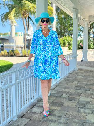 BLUE HEART DREAMING RUFFLE NECK DRESS