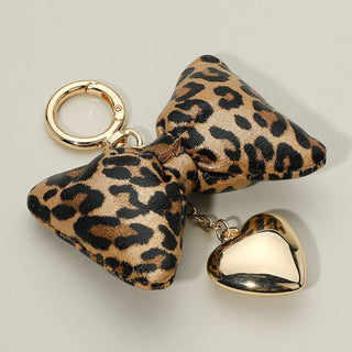 Leopard Faux Leather Plush Bow Metal Heart Drop Keychain / Bag Charm Cathys Place