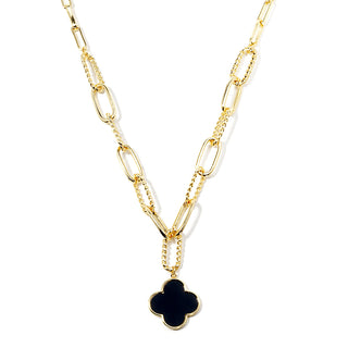Gold Dipped Quatrefoil Black Pendant Necklace
