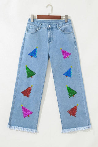 Myosotis Colorful Sequin Christmas Tree Patched Raw Hem Cropped Wide Leg Jeans Lovesoft