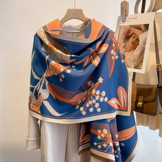 Cozy Cashmere Feel Travel Blue/Orange Reversible Shawl