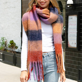 Multi-Color Plaid Oblong Scarf Shawl with Fringe Fashion City