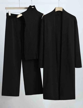 Ladies Solid Color Open Knit Cardigan & Pants 3PCS Set Sweetkama