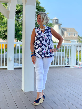 TAILORED NAVY DAISY SLEEVELESS V TOP