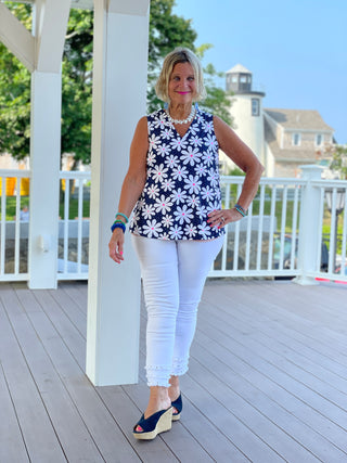 TAILORED NAVY DAISY SLEEVELESS V TOP