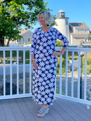 NAVY DAISY MAXI ELBOW DRESS