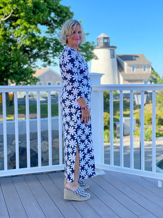 NAVY DAISY MAXI ELBOW DRESS