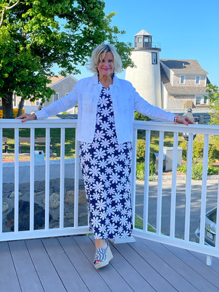 NAVY DAISY MAXI ELBOW DRESS