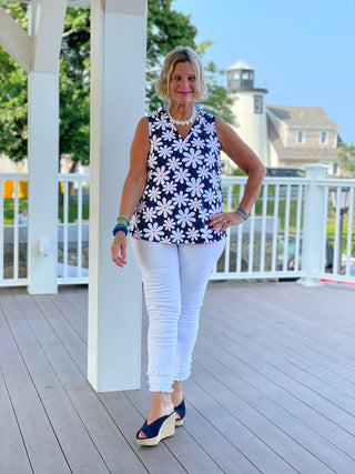 TAILORED NAVY DAISY SLEEVELESS V TOP