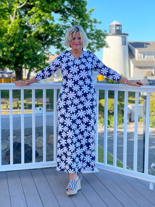 NAVY DAISY MAXI ELBOW DRESS