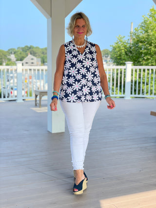 TAILORED NAVY DAISY SLEEVELESS V TOP