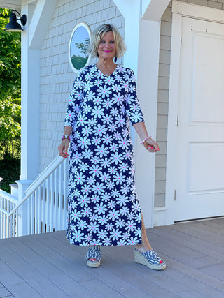 NAVY DAISY MAXI ELBOW DRESS