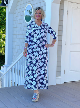 NAVY DAISY MAXI ELBOW DRESS