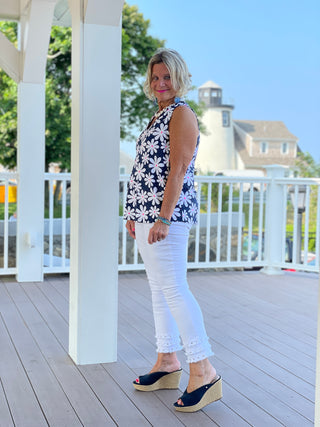 TAILORED NAVY DAISY SLEEVELESS V TOP